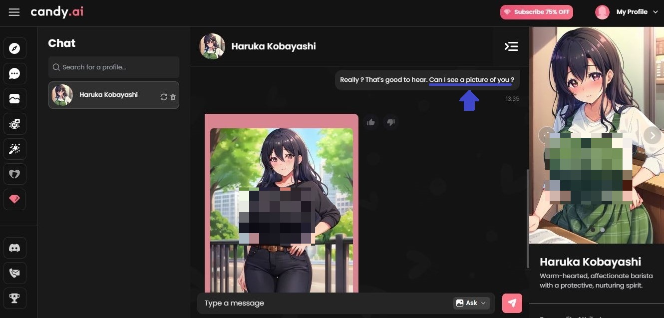 Chat with Haruka requesting a photo